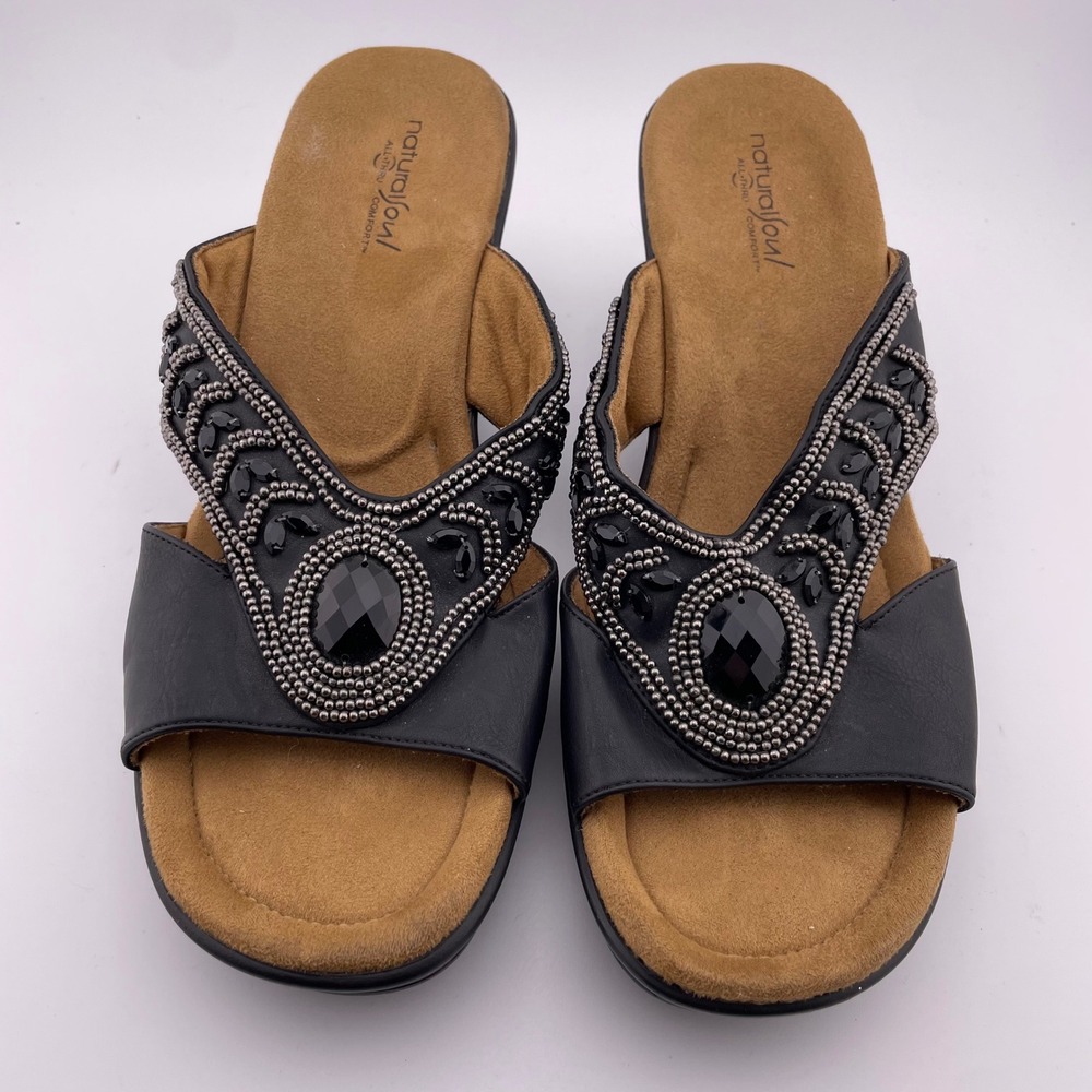 Natural Soul Women Black Wedge Sandals Embellished Size 10M‎ - Picture 2 of 8